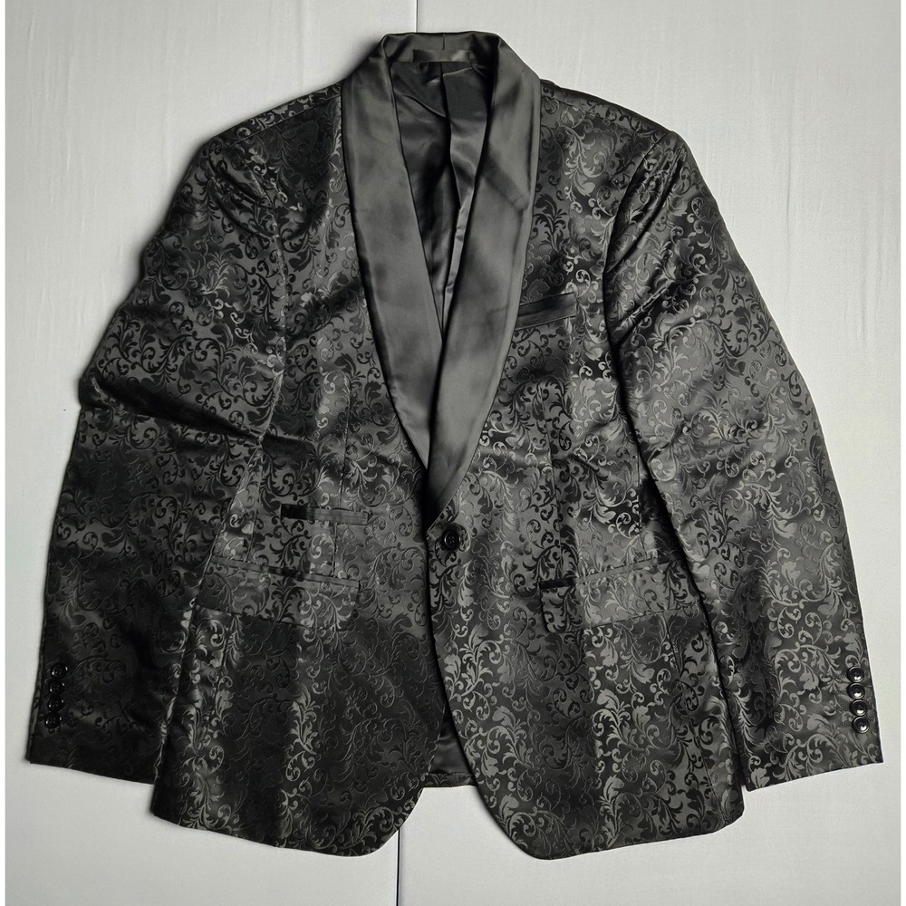 Mens Charcoal Grey Damask Floral Jacquard Tuxedo Blazer Satin Shawl Lapel Size M